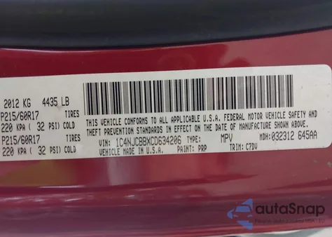 2012 Jeep Compass Sport из США, поврежденный, VIN 1C4NJCBBXCD634206